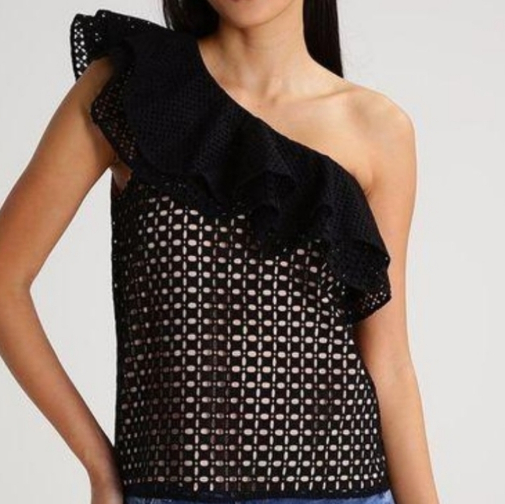 J. Crew one shoulder black eyelet ruffle top Size 14